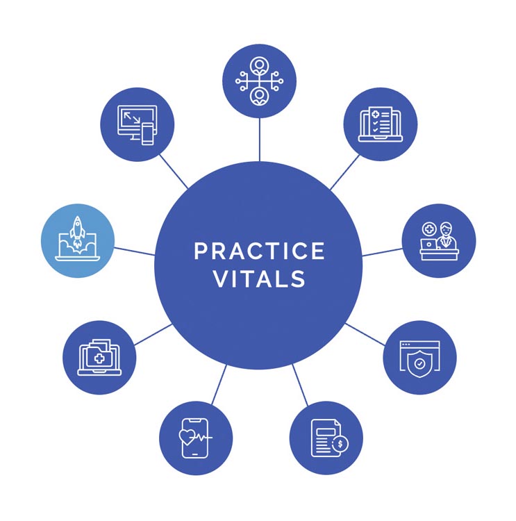 Graphic of 4th Season Consulting Practice Vitals with 9 spokes showing Digital and Print Marketing spoke